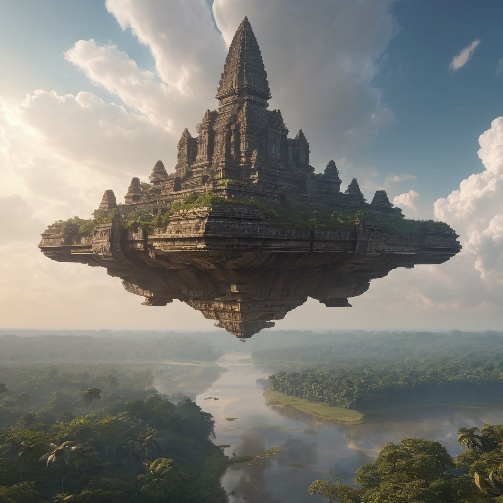 fantasy artwork of (spaceship made of stone floating in sky) over a cybertronic civilization, a massive grand temple towering over a jungle, river in background, angkor wat,  realistic, full shot, very high resolution, telephoto, masterpiece, highly defined, intricate, photorealistic, sharp, antialiased, 8k, 16k, high-res, ultrarealistic, artstation, dslr, absurdres