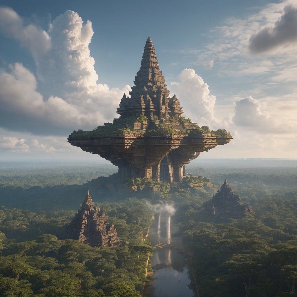 fantasy artwork of (spaceship made of stone floating in sky) over a cybertronic civilization, a massive grand temple towering over a jungle, river in background, angkor wat,  realistic, full shot, very high resolution, telephoto, masterpiece, highly defined, intricate, photorealistic, sharp, antialiased, 8k, 16k, high-res, ultrarealistic, artstation, dslr, absurdres