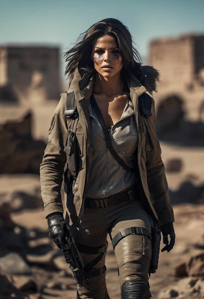 The Huntress Helena Bertinelli walking in  deserted ruin in  apocalyptic wasteland, full of radiation, dust, surrounded by dark monsters wilthglowing eyes, dramatic lighting, masterpiece, 8k, highly detailed, ultra realistic, dramatic composition, foreboding, dark,  telephoto lens, best composition, classic, photorealistic, ultra sharp, ultra realistic, masterpiece, highly detailed face, highly detailed eyes, highly detailed fingers, highly detailed skin, highly detailed lips, close up of skin, skin pores, 8k, ultra high res, sharpened, crisp, 100-400mm lens, ( grey  eye color:0.5)