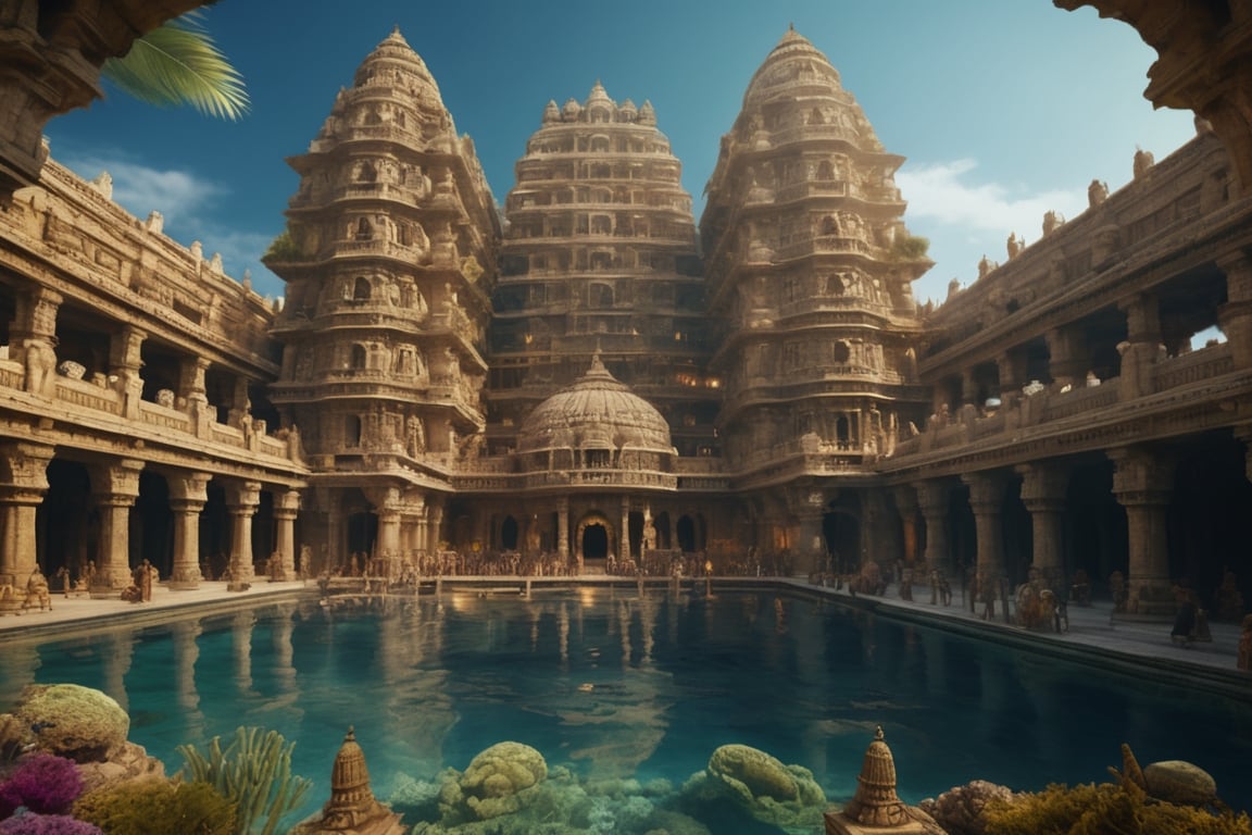 underwater steampunk ancient city of dwarka,  hindu architecture, hindu people swimming inside water, giant stadium, very high resolution, telephoto,  masterpiece, highly defined, intricate, photorealistic, sharp, antialiased, 8k, 16k, high-res, ultrarealistic, artstation, dslr, absurdres