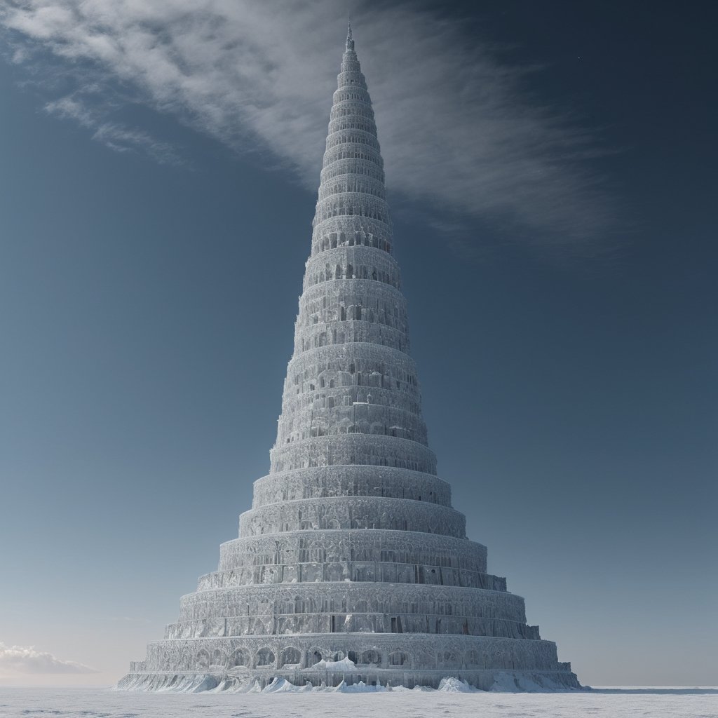 massive tower of babel made by ice standing in the unending expanse of sea, stabbing the sky like a spear, reaching out of earth's atmosphere to the moon, desolate, isolated, alone, emptiness, empty sky, loneliness, digital render, ultra fine details, octane render, photorealistic, ultra realistic, masterpiece, antialiased by Ansel adams