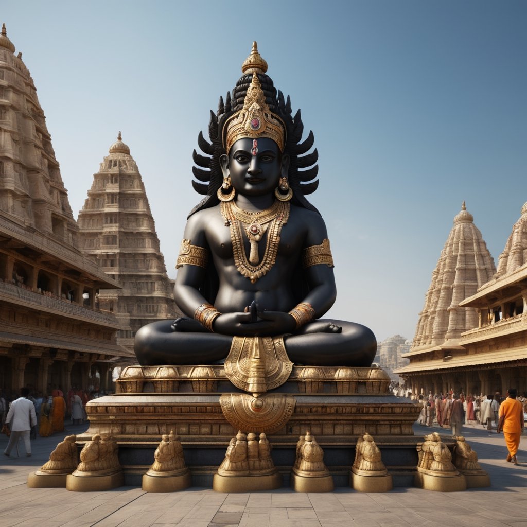 ancient city of dwarka, black nataraja statue, criss crossing streets, a (huge dam )on the sea, giant stadium, colorful market with vendors selling fruit, giant kaiju hindu robots, ancient hindu architecture, very high resolution, telephoto,  masterpiece, highly defined, intricate, photorealistic, sharp, antialiased, 8k, 16k, high-res, ultrarealistic, artstation, dslr, absurdres