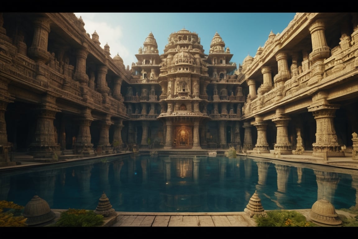 underwater steampunk ancient city of dwarka,  hindu architecture, hindu people swimming inside water, giant stadium, very high resolution, telephoto,  masterpiece, highly defined, intricate, photorealistic, sharp, antialiased, 8k, 16k, high-res, ultrarealistic, artstation, dslr, absurdres