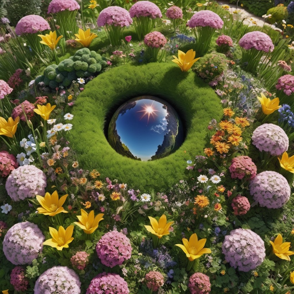 a giant planet made of flowers and grass floating the the universe, there is a garden with birds in it.  realistic, full shot, very high resolution, telephoto, masterpiece, highly defined, intricate, photorealistic, sharp, antialiased, 8k, 16k, high-res, ultrarealistic, artstation, dslr, absurdres, ultra fine details, by ansel adams,p3rfect boobs,close up,perfecteyes