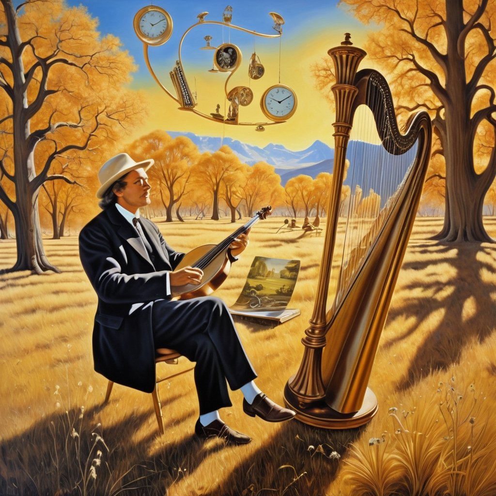 painting in style of ansel adams, and salvador dali, issac newton is playing a melting harp, sitting in a meadow with dried trees and clock, music instruments float in air with magic, musical annotations float in air.  realistic, full shot, very high resolution,  masterpiece, highly defined, sharp, intricate, photorealistic, sharp, antialiased