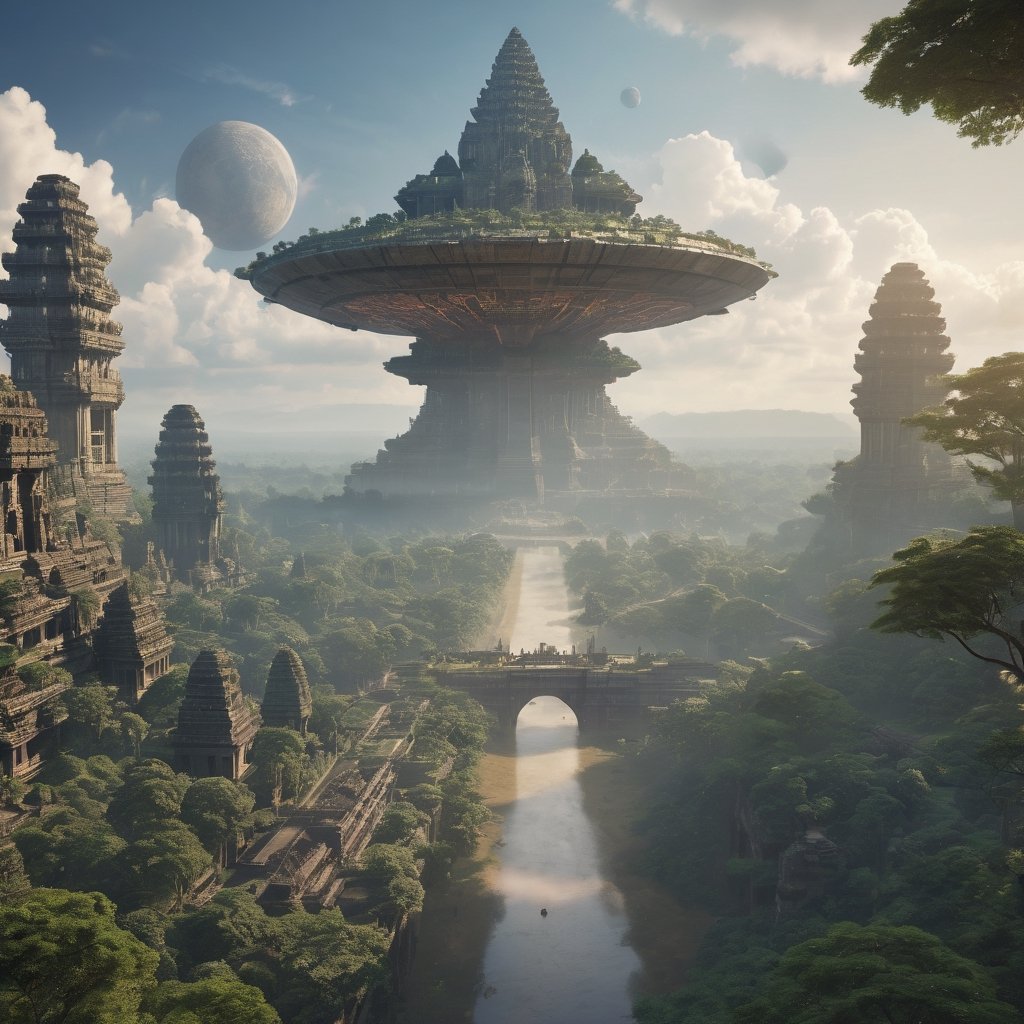 fantasy artwork of (spaceship made of stone floating in sky) over a cybertronic civilization, a massive grand temple towering over a jungle, river in background, angkor wat,  realistic, full shot, very high resolution, telephoto, masterpiece, highly defined, intricate, photorealistic, sharp, antialiased, 8k, 16k, high-res, ultrarealistic, artstation, dslr, absurdres
