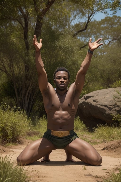 Masterpiece Quality, Earthen Might: Terrashaper, embodying his Kenyan ancestry, is shown with his hands to the ground, from which a surge of rock and soil rises, obeying his command. His costume echoes the textures of the savannah - robust and earth-toned, with hints of vibrant greens and browns. His presence is as solid and reassuring as the ground itself.
