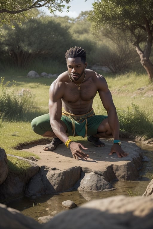 Masterpiece Quality, Earthen Might: Terrashaper, embodying his Kenyan ancestry, is shown with his hands to the ground, from which a surge of rock and soil rises, obeying his command. His costume echoes the textures of the savannah - robust and earth-toned, with hints of vibrant greens and browns. His presence is as solid and reassuring as the ground itself.
