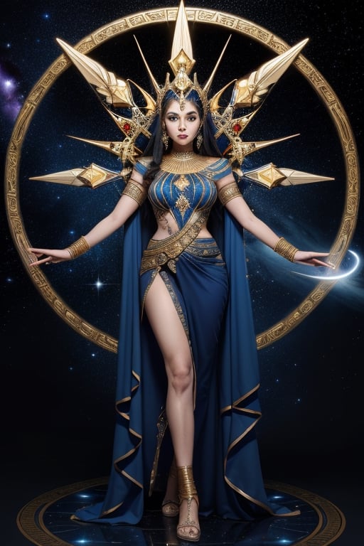 Astromancer, with her Egyptian lineage, is depicted with a backdrop of the starry cosmos, her hands orchestrating the celestial energies that spiral around her. Her attire is a majestic blend of ancient Egyptian motifs and space-age materials, adorned in a palette of royal blues and golds, reflecting her astral dominion.





