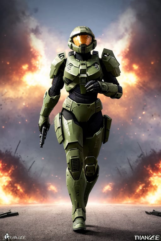 full body, distant, (masterpiece, top quality, best quality, official art, beautiful and aesthetic:1.2), (1girl), (fractal art:1.2),absurdres, highres, ultra detailed, Ultra-precise depiction, Ultra-detailed depiction, solo, Black-short hair style,(halo armor:1.2), dynamic pose, floating hair, (thin: 1.2),  (abstract:1.2), (Warzone Background:1.2), (running from Explosion Background: 1.2), high mounting, 4K, photorealistic