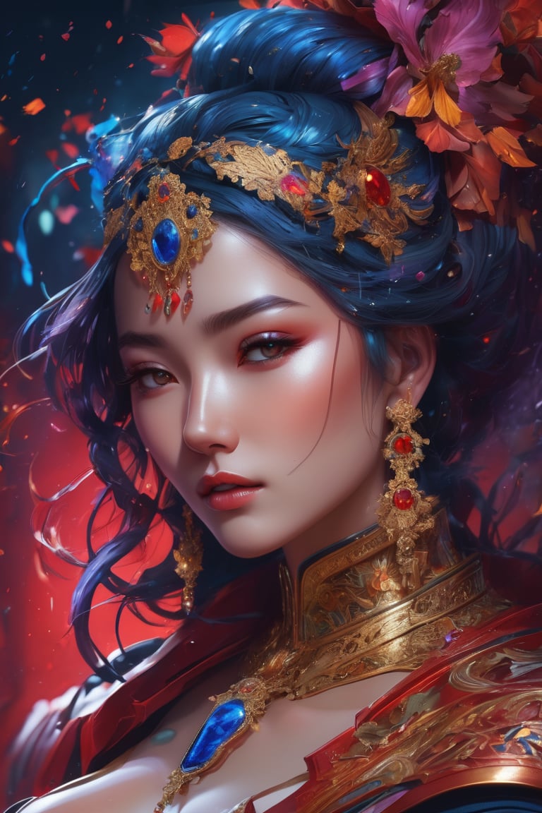 Maximaliset Rococo. Astral Escape! Splash art, portrait of Vietnamese, red indigo haired Vietnamese, StarCraft Inspired, epic, artstation, splash style of colorful paint, contour, hyperdetailed intricately detailed, fantasy, unreal engine, fantastical, intricate detail, splash screen, complementary colors, fantasy concept art, 16k resolution, deviantart masterpiece, oil painting, heavy strokes, paint dripping, splash arts, neon ambiance, muted colors, watercolor style, filigree detailed, rim lighting, magic, surreal, fantasy, ultra, realistic, sharp features, highly detailed, sharp focus, muted colors, perfect face, perfect eyes, perfect full lips, supple female form, vivid, cinematic, Film light, Hyper detailed, Hyper realistic, masterpiece, atmospheric, high resolution, vibrant, dynamic studio lighting, wlop, Glenn Brown, Carne Griffiths, Alex Ross, artgerm and james jean. spotlight, tilt shift camera.,3d style,cyborg style,mecha,oni style