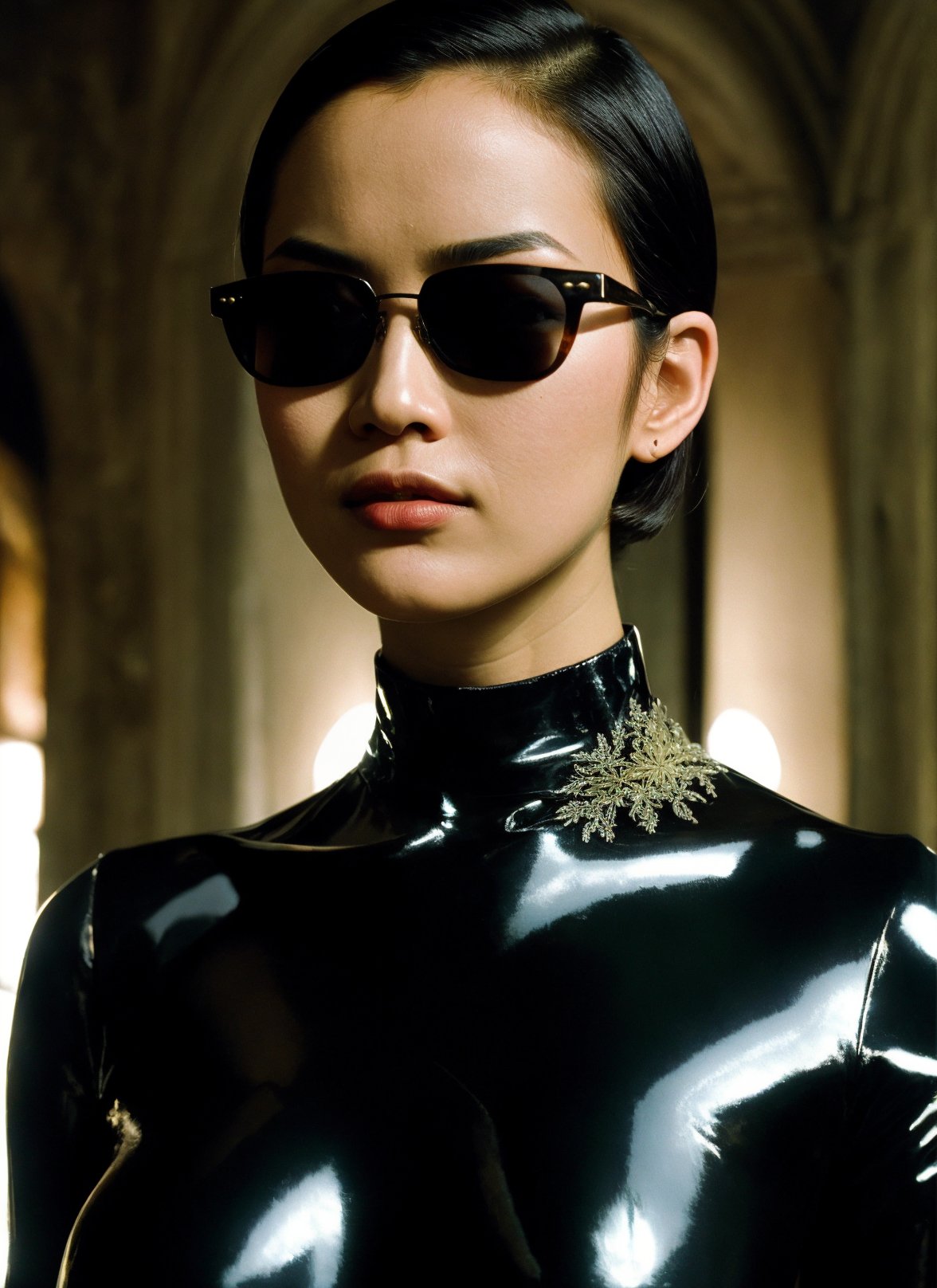 the matrix movie, (masterpiece), (extremely intricate:1.3), (realistic), beautiful lighting, professional lighting, film grain,portrait of beautiful asian girl, solo, realistic, straight hair, short hair, looking at viewer, blurry, latex bodysuit, closed mouth, sunglasses, shades, dark castle backgroud