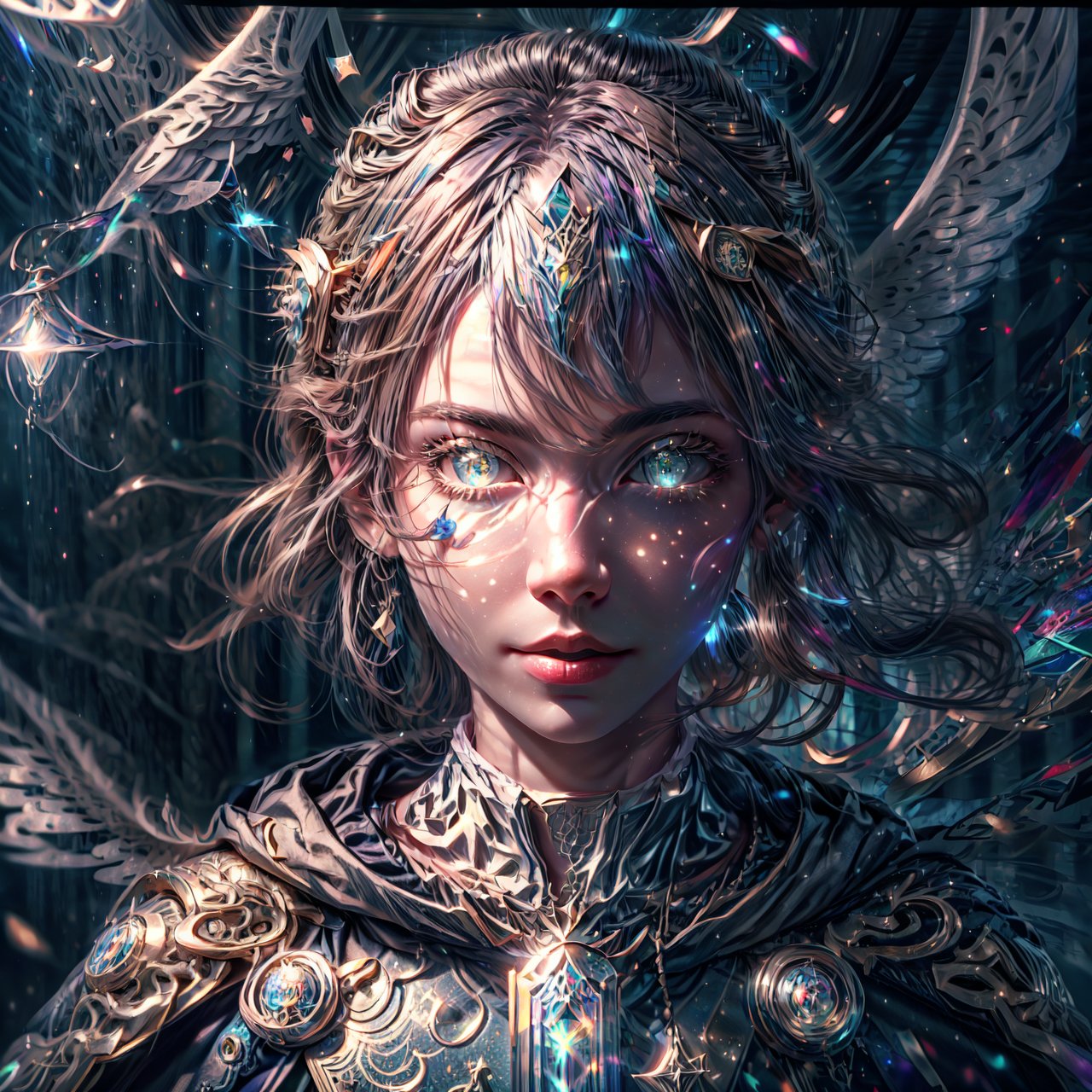 Heaven girl with wing, full_body, 8K, high_resolution, 1080P, 1girl, (Masterpiece)), (Realistic, Photorealistic: 1.35), (RAW Photo, Best Quality, beautiful, gurdians of light, cyborg , big magic wand, invoking highlevel shield magic, cybernetic,long curly multicolor hair, diferents color eyes, detailed ornamented wizard dress,white and gold magic cloak, magic casting, floating_hair, glowing floating word ,scenery, cinematic scene, centered, beautiful face,perfecteyes,