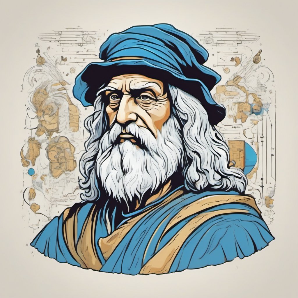 Leonardo style, illustration,A digital art very complex  by Leonardo da Vinci - t shirt design,illustration, vector art, off white background, vector graphics,