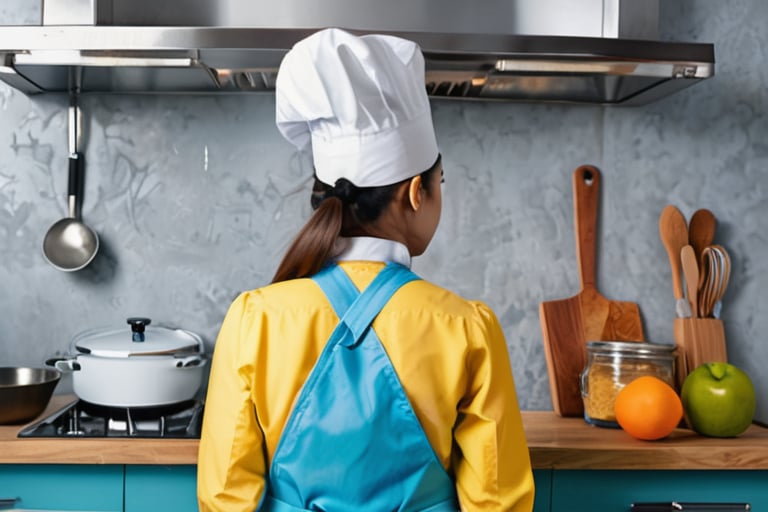 A young girl as a chefs of the kitchen,full body shot, model kitchen,Color of wall light blue,back side pose,Bird eye view shot,