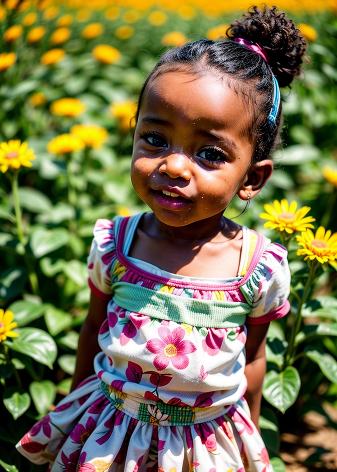 african cute baby girl playing in a field, portrait, baby fat face in good proportion, straight nose, slightly opened mouth,  short hair with ponytail, full body, standing in the floral launch, looking at butterflies in the air, cheerful, head to body ratio is exaggerated 1:1, movie lighting, dim, depth of field, blurred background,3d style,3DMM