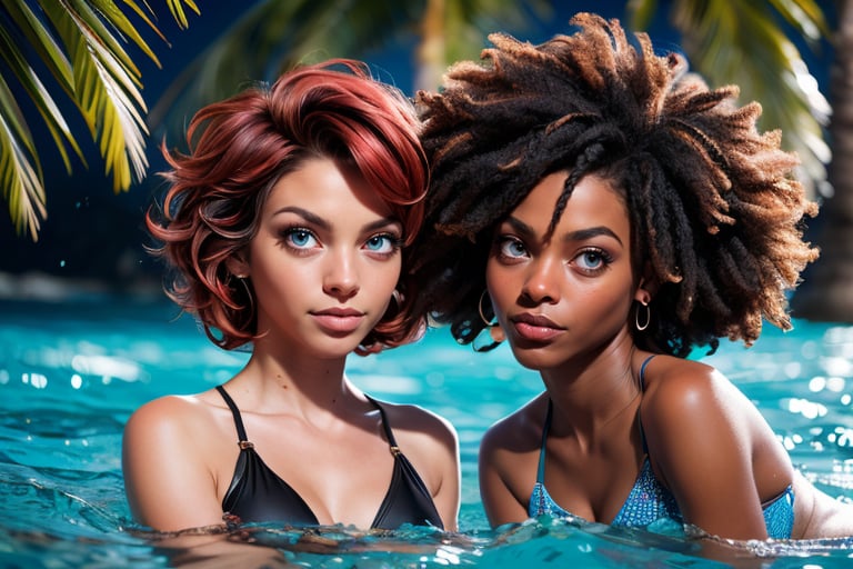 ((black woman)), ((black skin)), (detailed face:1.2), (masterpiece) A detailed picture of two cute african women wearing colourful bikinis, playing in the sea, with a balloon, coconut tree, white sands, realistic, hyper realistic, 2 women, perfect body 4K resolution, photorealistic rendering,   playing in the water  (beautiful eyes, perfect eyes, accurate makeup),(wild short messy afro 
, splashes, colourful waist beads,  short red hair, sweet expression realistic, photorealistic, decently dressed, full image, full body 
hyper realistic camera glare, film grains, uhd 8k raw, filmic lights, filmic colors, bokeh camera blur, Realism, 