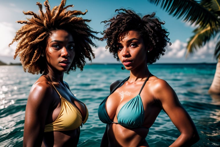 ((black woman)), ((black skin)), (detailed face:1.2), (masterpiece) (golden hour), (sunny day) A detailed picture of two cute african women wearing colourful bikinis, playing in the sea, sunny day, with a balloon, coconut tree, white sands, realistic, hyper realistic, 2 women, perfect body 4K resolution, photorealistic rendering,   playing in the water  (beautiful eyes, perfect eyes, accurate makeup),(wild short messy afro 
, splashes, colourful waist beads,  short red hair, sweet expression realistic, photorealistic, decently dressed, full image, full body 
hyper realistic camera glare, film grains, uhd 8k raw, filmic lights, filmic colors, bokeh camera blur, Realism, ,perfecteyes,3DMM