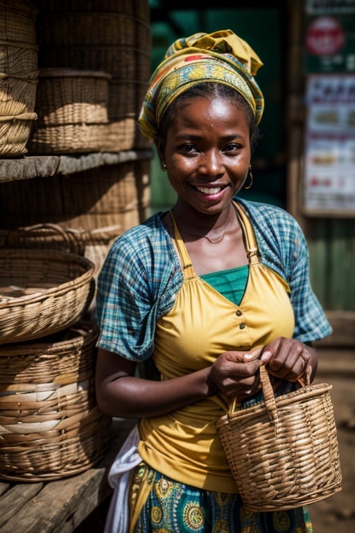 ((masterpiece)) hyperrealistic imagine a happy smiling, woman convenience shop owner living in rural Ghana. She is 25 years old and has two children. She works as a farmer. She dreams of starting her own business, ,perfecteyes, looking at camera, realistic, high contrast, depth of field, 