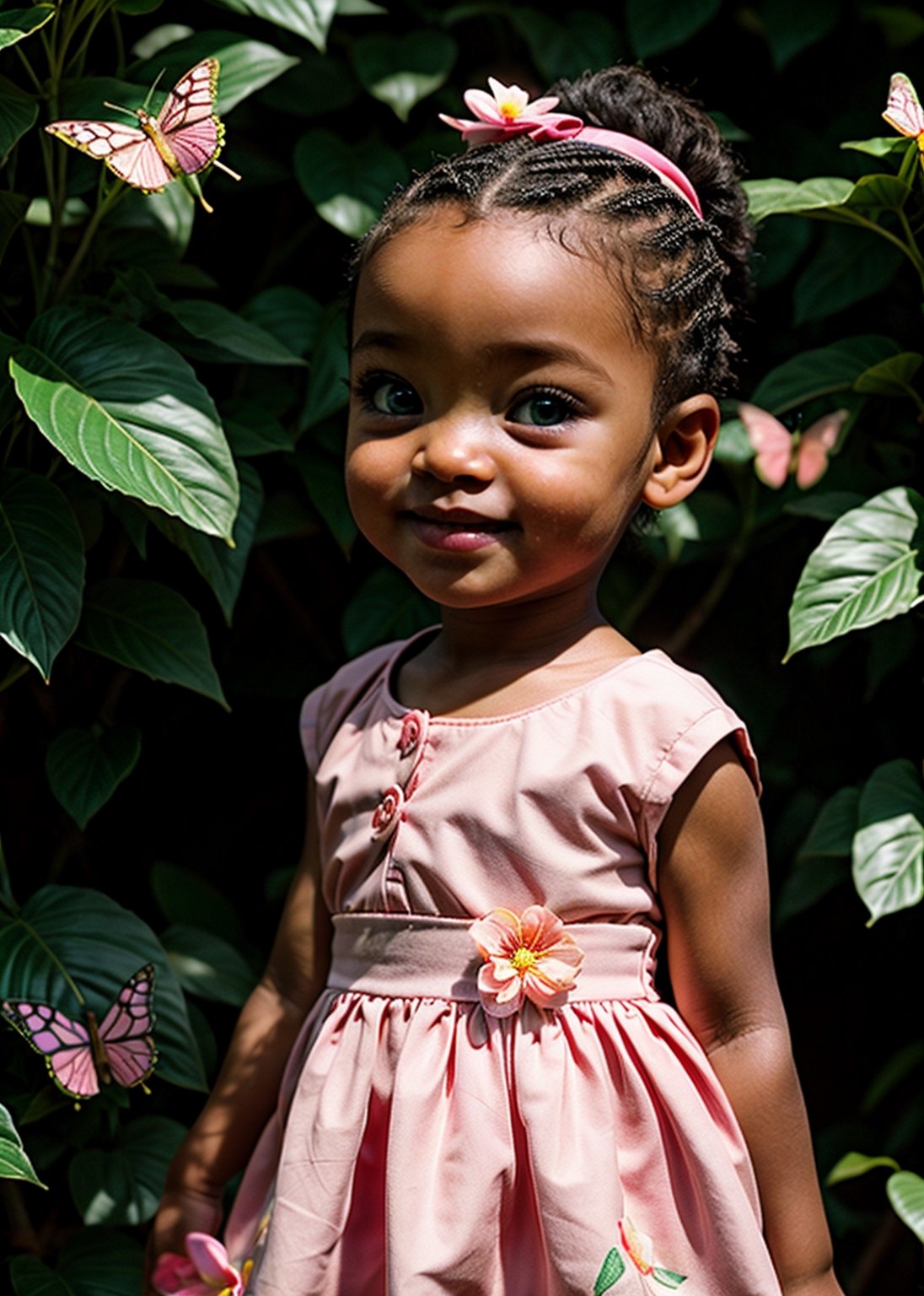 african 3yo cute baby girl, portrait, baby fat face in good proportion, detailed green eyes, straight nose, slightly opened mouth,  short hair with ponytail, full body, standing in the floral launch, looking at butterflies in the air, cheerful, head to body ratio is exaggerated 1:1, movie lighting, dim, depth of field, blurred background,3d style,3DMM