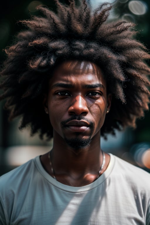 ((african man)), ((photographer)), (detailed face: 1.2), Best quality, masterpiece, serious, ultra-high resolution, (photorealistic: 1.2), (best quality)), (( casual, white tee shirt, afro hair, painful realistic expression, photorealistic, appropriately dressed, full image, full body hyper-realistic, camera glare, film grains, uncompressed UHD 8K format, cinematic lights, cinematic colors, bokeh camera blur, Realism.,perfecteyes