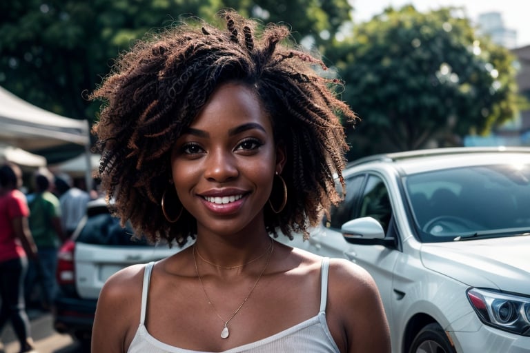 ((black woman)), ((black skin)), (detailed face:1.2), ,Best quality, masterpiece,smiling, ultra high res, (photorealistic:1.2), (best quality)), ((masterpiece)), a happy ghanaian woman, small business woman wearing a blouse in an ghanaian market
, splashes, colour leaks, water streaks,  short dark hair, car parts, sweet expression realistic, photorealistic, decently dressed, full image, full body 
hyper realistic camera glare, film grains, uhd 8k raw, filmic lights, filmic colors, bokeh camera blur, Realism, nude