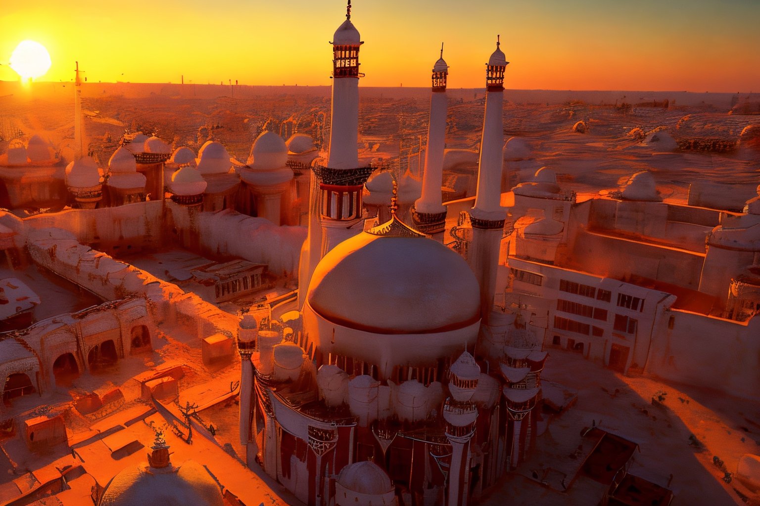 The sun is setting between the two temples in Karbala. High-quality, realistic,4k, cinematic, high_resolution_people.