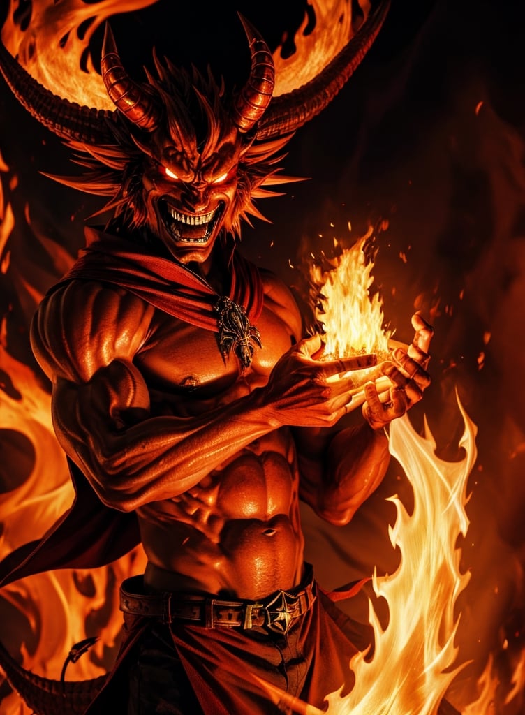 demon smiles with fire on his hand
