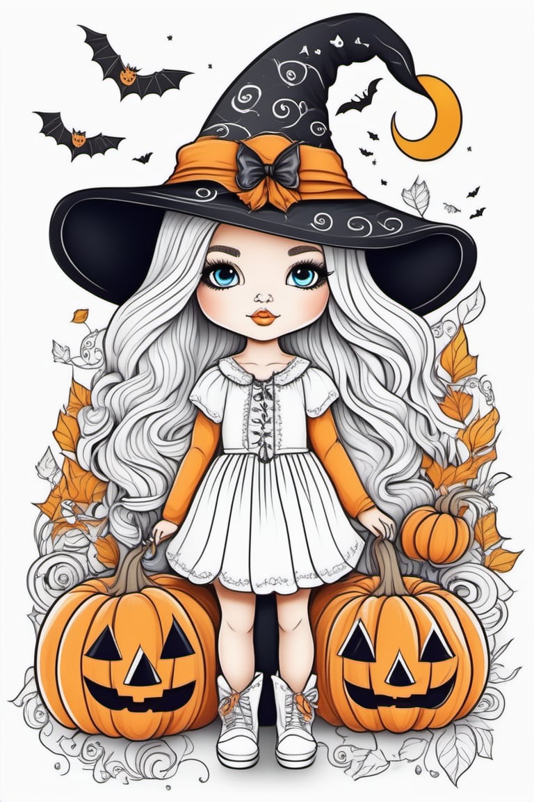 outline art for adults coloring book cute halloween coloring pages with witch, adult style, white background, Sketch style, full body, only use outline, Mandala style, clean line art, without colours