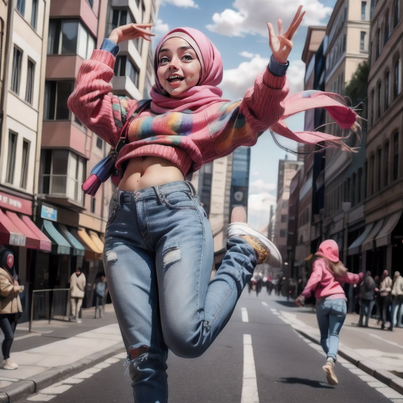 best quality, masterpiece, (photorealistic:1.4),8K UHD, Generate an image of a joyful hijab-wearing girl jumping with excitement on a vibrant city street, wearing oversized sweatshirt, loose, tight jeans,perfecteyes