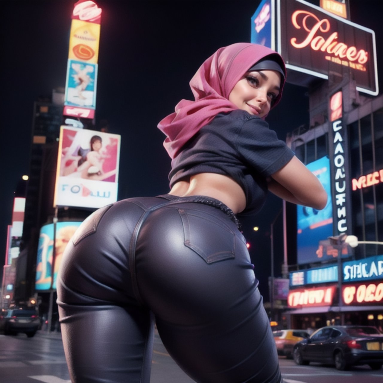 best quality, masterpiece, (photorealistic:1.4), 1girl, horny smile, waist up, dramatic lighting, hijab girl wearing sexy tight t-shirt, tight pants. from backside, nfsw, showing rounded ass.naughty hijab, times square street night, neon signs.