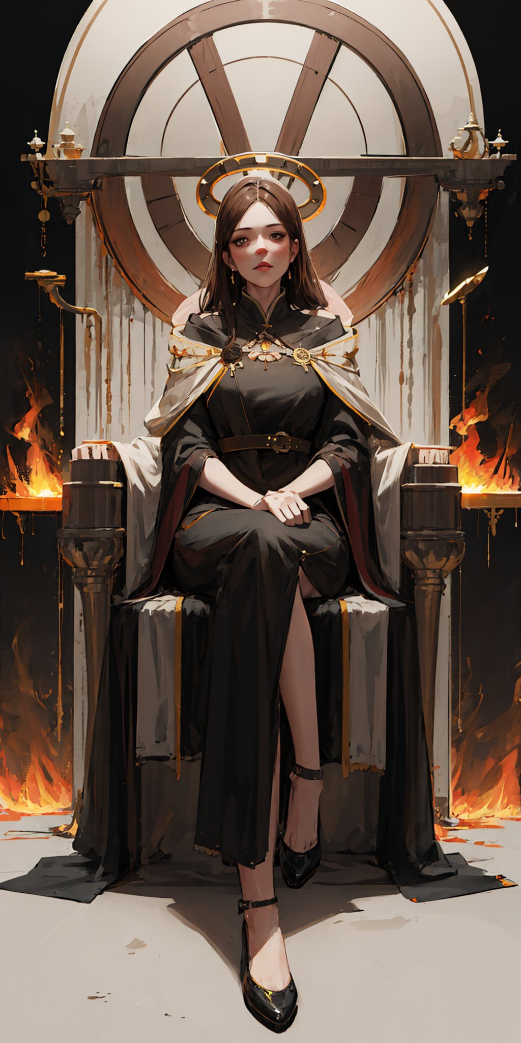 (masterpiece), best quality, expressive eyes, perfect face, evil steampunk pyromancer woman, ornamental halo, black shirt, brown body, tunic, intricate robes, sitting on obsidian throne, fractal fire background, sharp focus, highly detailed, perfect detailed face, cinematic lighting, studio quality, chiaroscuro, smooth render, unreal engine 5 rendered, octane, rendered,1Girl