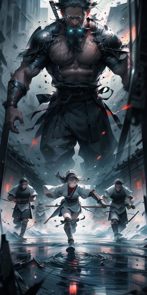 Cinematic-style illustration of a Samurai Girl facing off against Mongols in a fierce battle. The artwork captures the intensity and drama of the historical clash between a skilled samurai and the invading Mongol forces. The illustration features dynamic action and motion, with the samurai girl wielding her katana in a powerful strike, while Mongol warriors charge towards her with determination. The colors are rich and dramatic, reflecting the cinematic nature of the scene. The art style combines realism with elements of epic action and historical accuracy, evoking a sense of tension and excitement. Camera Shot: Heroic wide-angle shot, capturing the scale and scope of the battle. Render Style: Dramatic lighting, intense colors, and a sense of cinematic drama. Resolution: 4K for optimal impact."