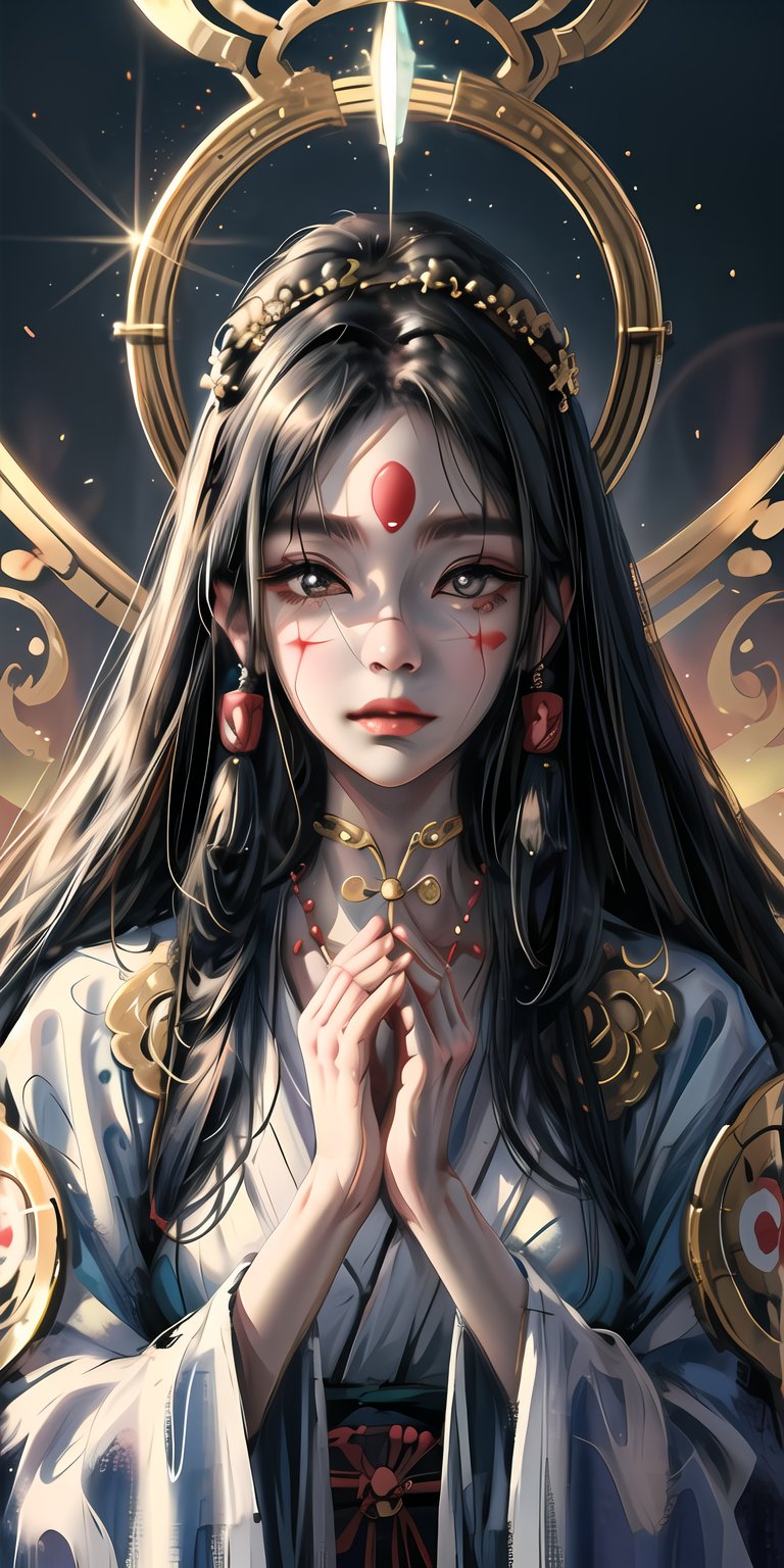 Goddess Amaterasu depicted in a resplendent oil painting. The artwork portrays the celestial beauty of the Japanese sun goddess, Amaterasu, in all her glory. The painting captures her radiant presence, with a golden halo of light surrounding her divine form. The colors are rich and luminous, reflecting the warmth and power of the sun. The oil painting style enhances the sense of traditional artistry and craftsmanship, evoking a sense of awe and reverence for the goddess. Camera Shot: Heroic close-up shot, focusing on the ethereal beauty of Goddess Amaterasu. Render Style: Luminous colors, delicate brushwork, and a sense of celestial majesty. Resolution: 4K for optimal impact.,Wlop