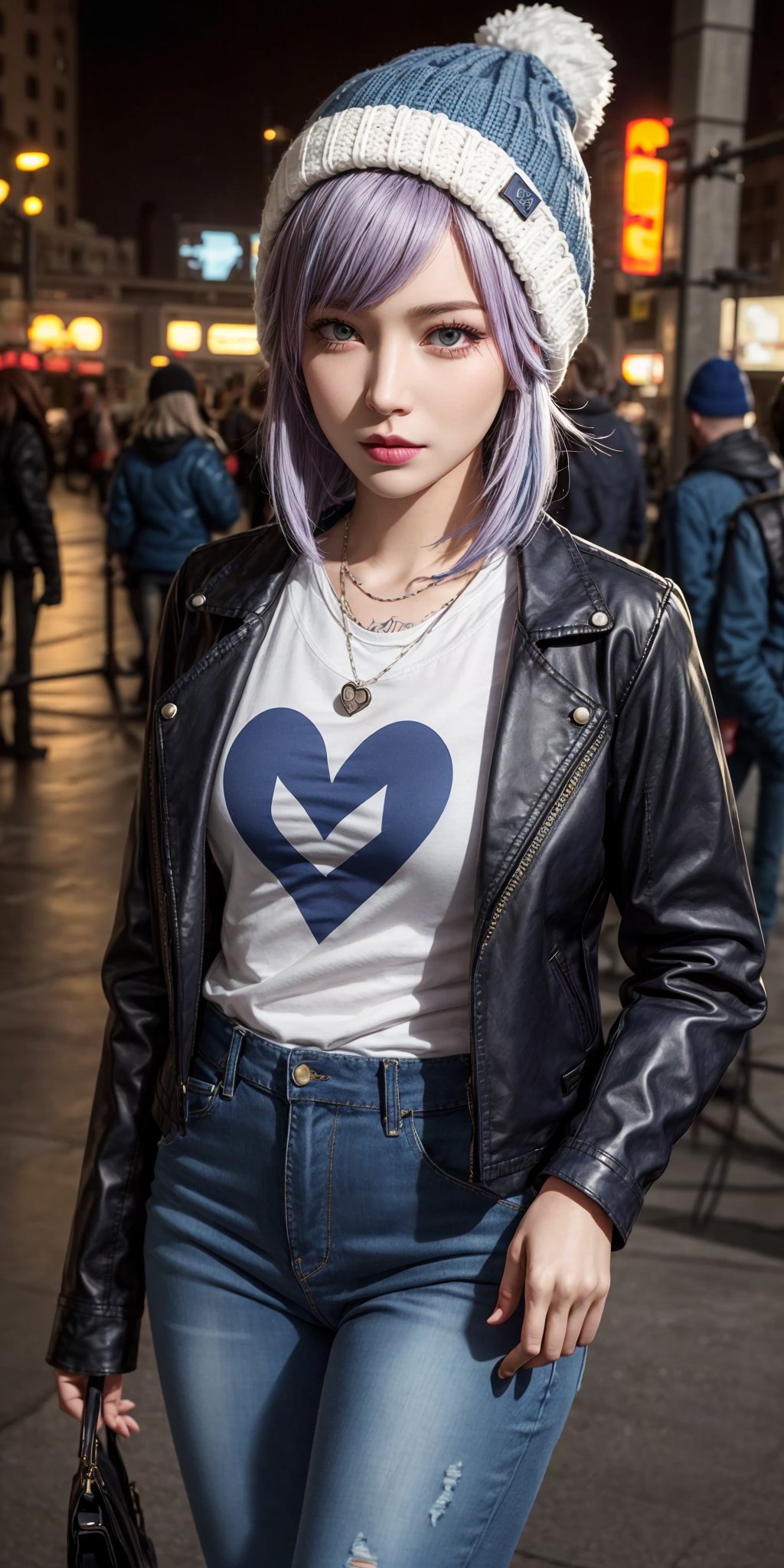 Chloe Price, at the the Grand Central Terminal, cinematic, medium shot, whole head in frame, detailed face, detailed eyes, evening, punk aesthetic, pale blue ripped jeans, braces, suspenders, black boots, white shirt, skull, heart, necklace, chain, bullets, black leather jacket, beanie hat, dark blue beanie, tattoo sleeve, right arm, intricate design, flowers, yellowed skull, dyed hair, light purple roots, blue ends, navy T-shirt, rock, chick