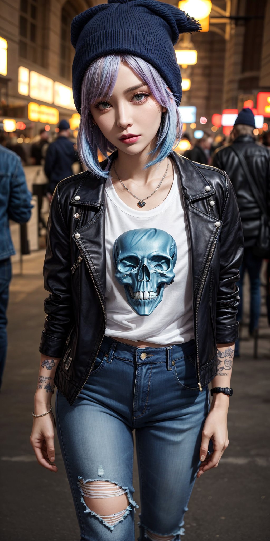 Chloe Price, at the the Grand Central Terminal, cinematic, medium shot, whole head in frame, detailed face, detailed eyes, evening, punk aesthetic, pale blue ripped jeans, braces, suspenders, black boots, white shirt, skull, heart, necklace, chain, bullets, black leather jacket, beanie hat, dark blue beanie, tattoo sleeve, right arm, intricate design, flowers, yellowed skull, dyed hair, light purple roots, blue ends, navy T-shirt, rock, chick