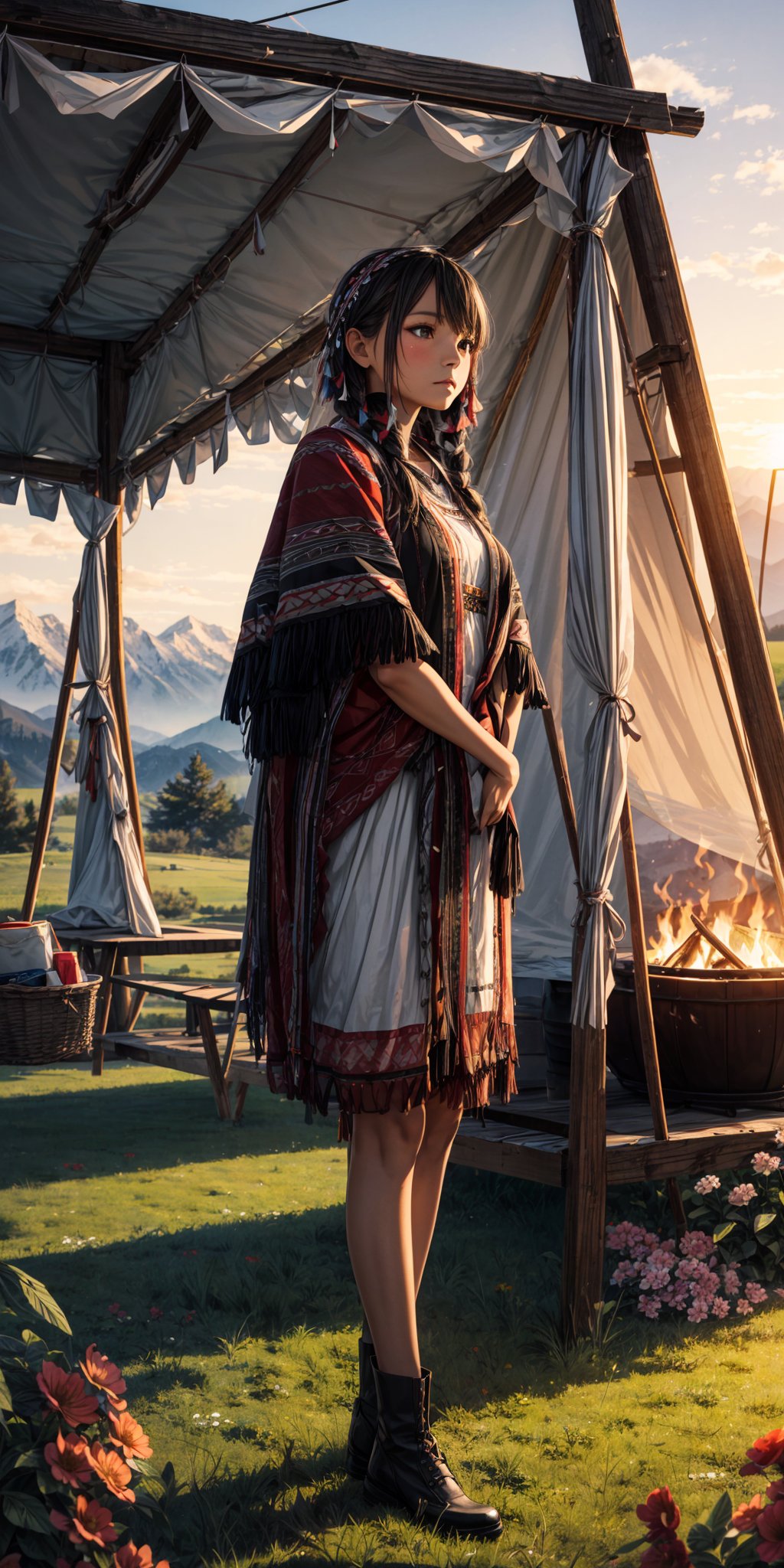 sunrisesummer, flowers, luscious grass, indigenous girl, hunter, aboriginal, standing, looking at the mountains, beautiful detailed, teepee, campfire,