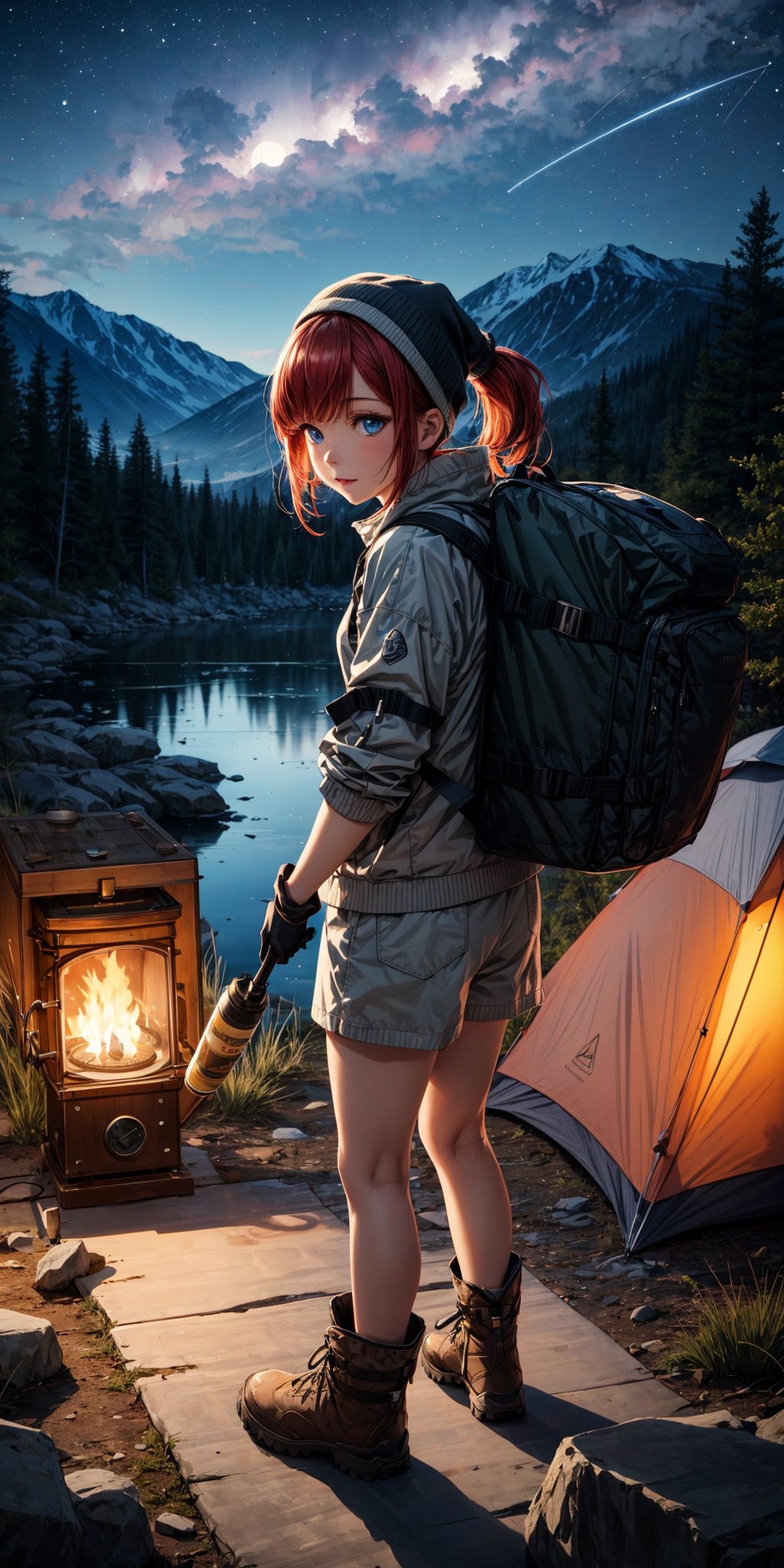 masterpiece, best quality, ultra-detailed, illustration, 1girl, red hair, solo, outdoors, camping, night, mountains, nature, stars, moon, tent, twin ponytails, blue eyes, cheerful, happy, backpack, sleeping bag, camping stove, water bottle, mountain boots, gloves, sweater, hat, flashlight, forest, rocks, river, wood, smoke, shadows, contrast, clear sky, constellations, Milky Way, peaceful, serene, quiet, tranquil, remote, secluded, adventurous, exploration, escape, independence, survival, resourcefulness, challenge, perseverance, stamina, endurance, observation, intuition, adaptability, creativity, imagination, artistry, inspiration, beauty, awe, wonder, gratitude, appreciation, relaxation, enjoyment, rejuvenation, mindfulness, awareness, connection, harmony, balance, texture, detail, realism, depth, perspective, composition, color, light, shadow, reflection, refraction, tone, contrast, foreground, middle ground, background, naturalistic, figurative, representational, impressionistic, expressionistic, abstract, innovative, experimental, unique