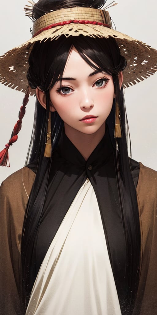 1 girl, black hair, light particles, solo, masterpiece, best quality, high quality, highly detailed, long hair, tied hair, looking at viewer, bamboo hat(optional, there's also googles)