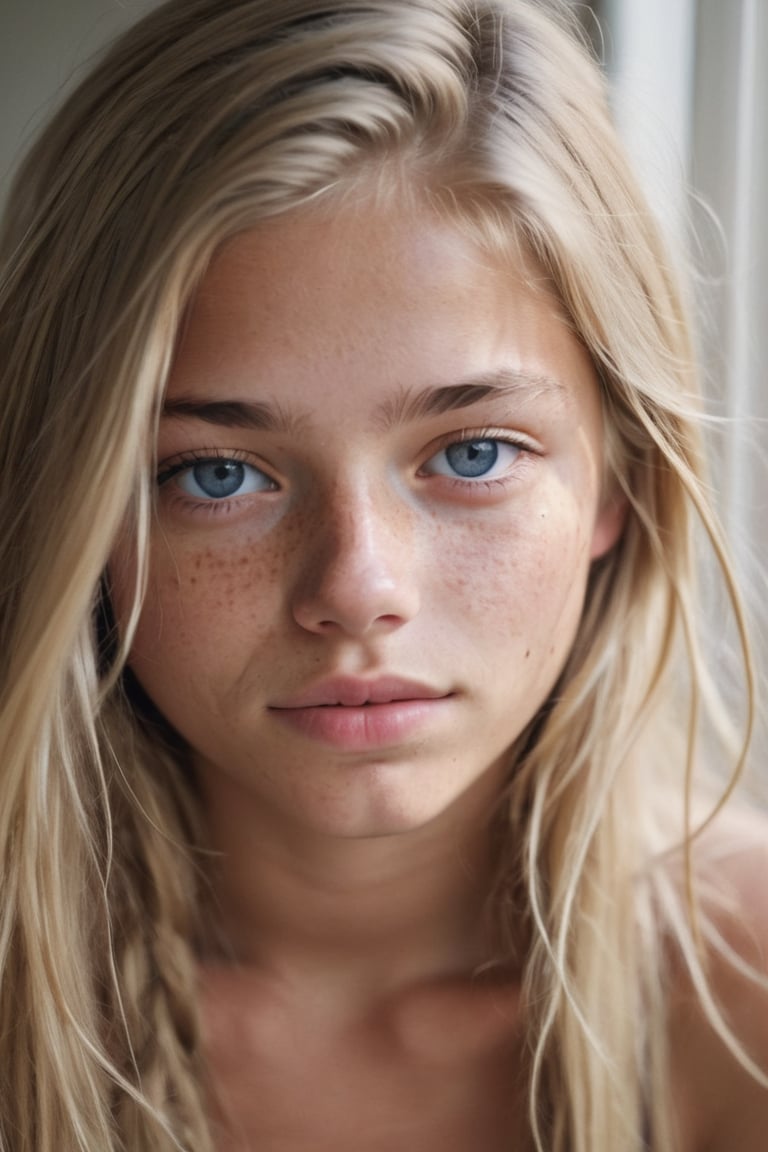 1girl, 16yo, solo, close up shot , (in love:1.5), long hair, messy blonde hair, dark blue eyes, tan skin, lips, slight smile, sleepy, freckles, dimples, thick eyebrows, bare shoulders, morning light,