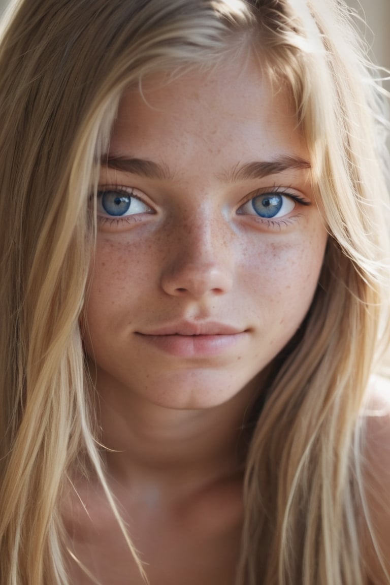 1girl, 16yo, solo, close up shot , (in love:1.5), long hair, messy blonde hair, dark blue eyes, tan skin, lips, slight smile, sleepy, freckles, dimples, thick eyebrows, bare shoulders, morning light,