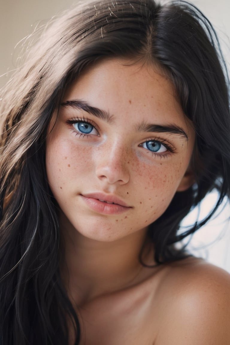 1girl, 16yo, solo, close up shot , (in love:1.5), long hair, messy black hair, dark blue eyes, tan skin, lips, slight smile, sleepy, freckles, dimples, thick eyebrows, bare shoulders, morning light,