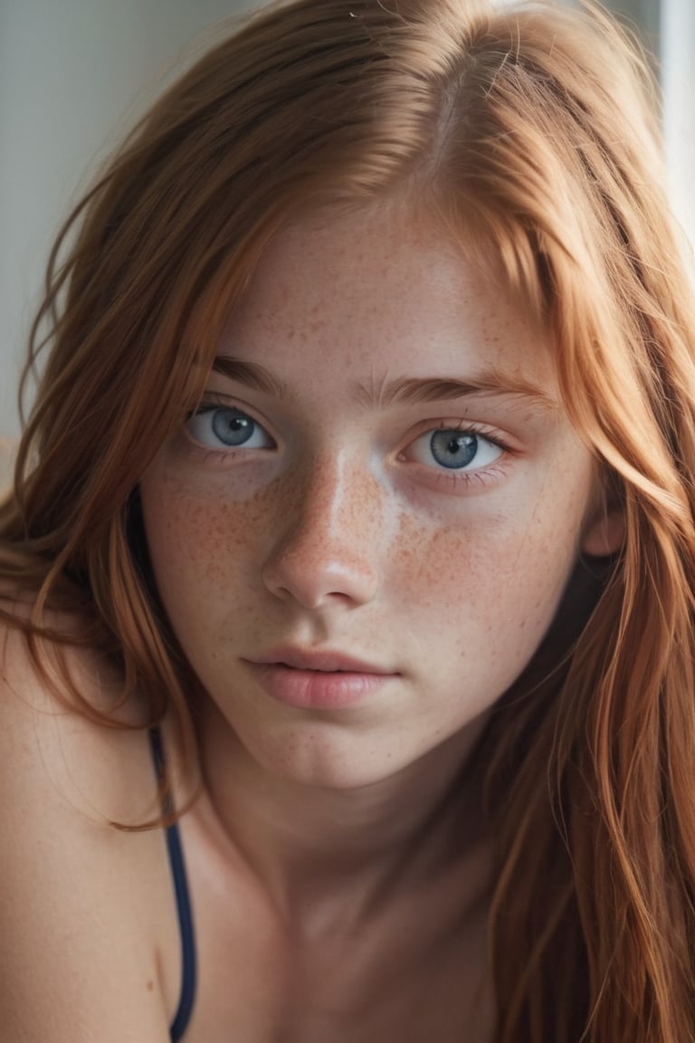 1girl, 16yo, solo, close up shot , (in love:1.5), long hair, messy red hair, dark blue eyes, tan skin, lips, slight smile, sleepy, freckles, dimples, thick eyebrows, bare shoulders, morning light,