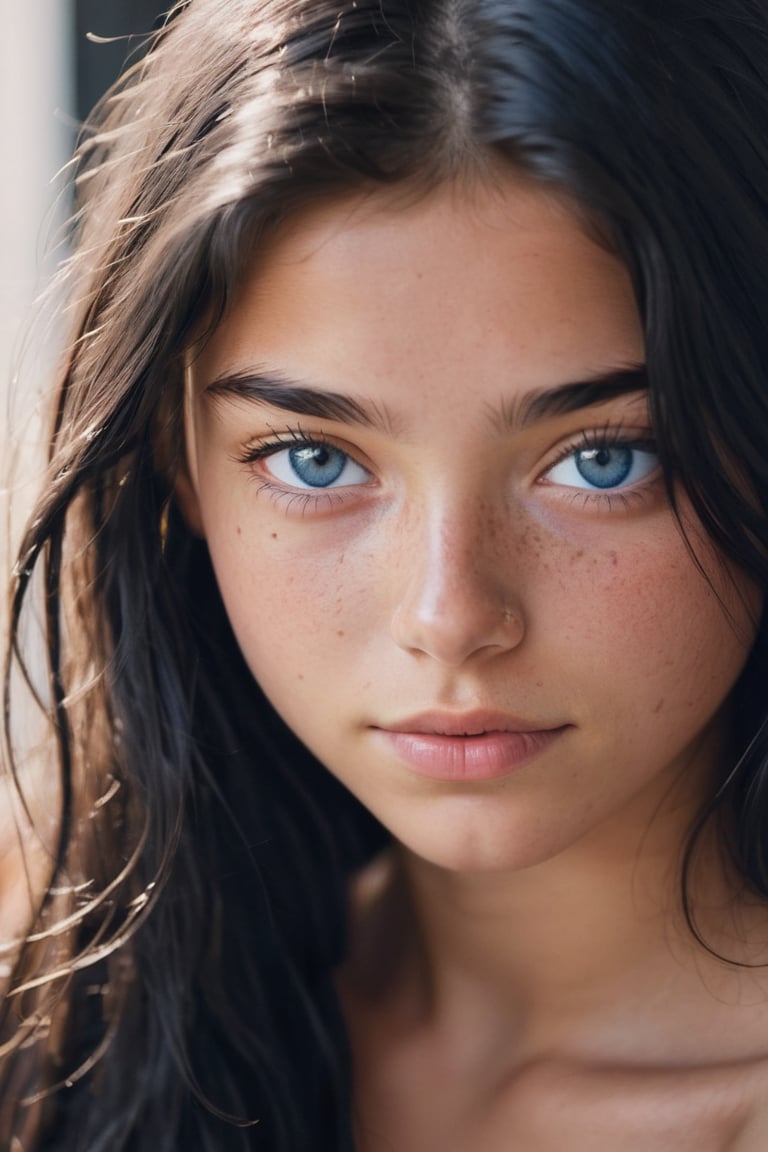 1girl, 16yo, solo, close up shot , (in love:1.5), long hair, messy black hair, dark blue eyes, tan skin, lips, slight smile, sleepy, freckles, dimples, thick eyebrows, bare shoulders, morning light,