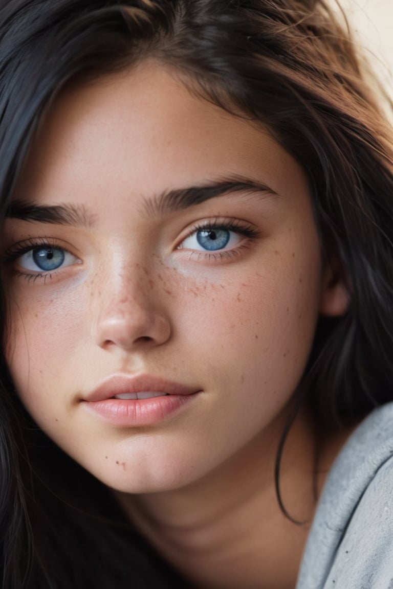 1girl, 16yo, solo, close up shot , (in love:1.5), long hair, messy black hair, dark blue eyes, tan skin, lips, slight smile, sleepy, freckles, dimples, thick eyebrows, bare shoulders, morning light,