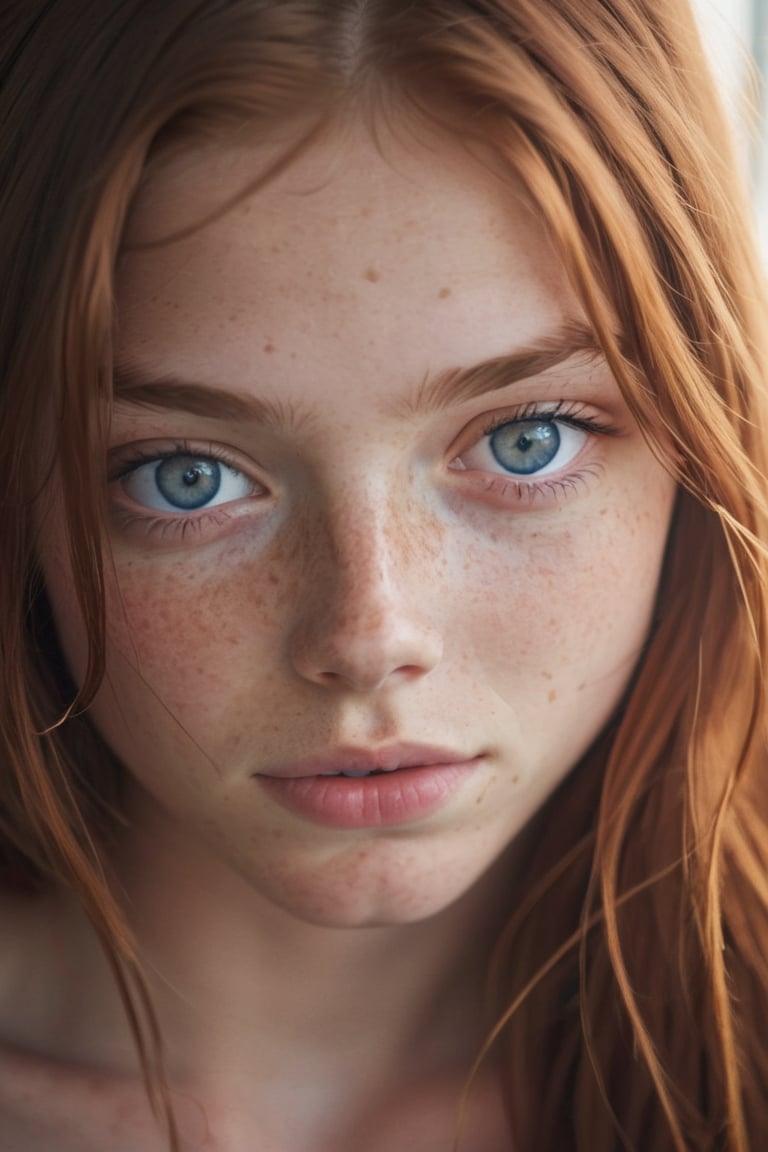 1girl, 16yo, solo, close up shot , (in love:1.5), long hair, messy red hair, dark blue eyes, tan skin, lips, slight smile, sleepy, freckles, dimples, thick eyebrows, bare shoulders, morning light,