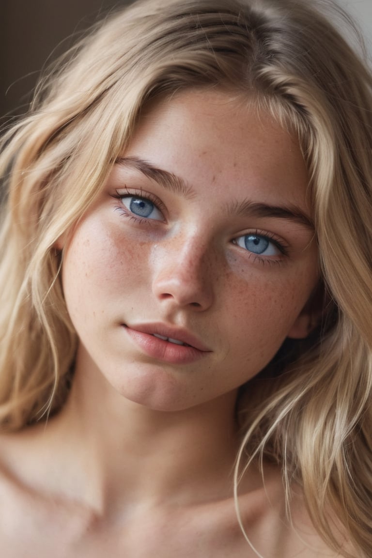 1girl, 16yo, solo, close up shot , (in love:1.5), long hair, messy blonde hair, dark blue eyes, tan skin, lips, slight smile, sleepy, freckles, dimples, thick eyebrows, bare shoulders, morning light,