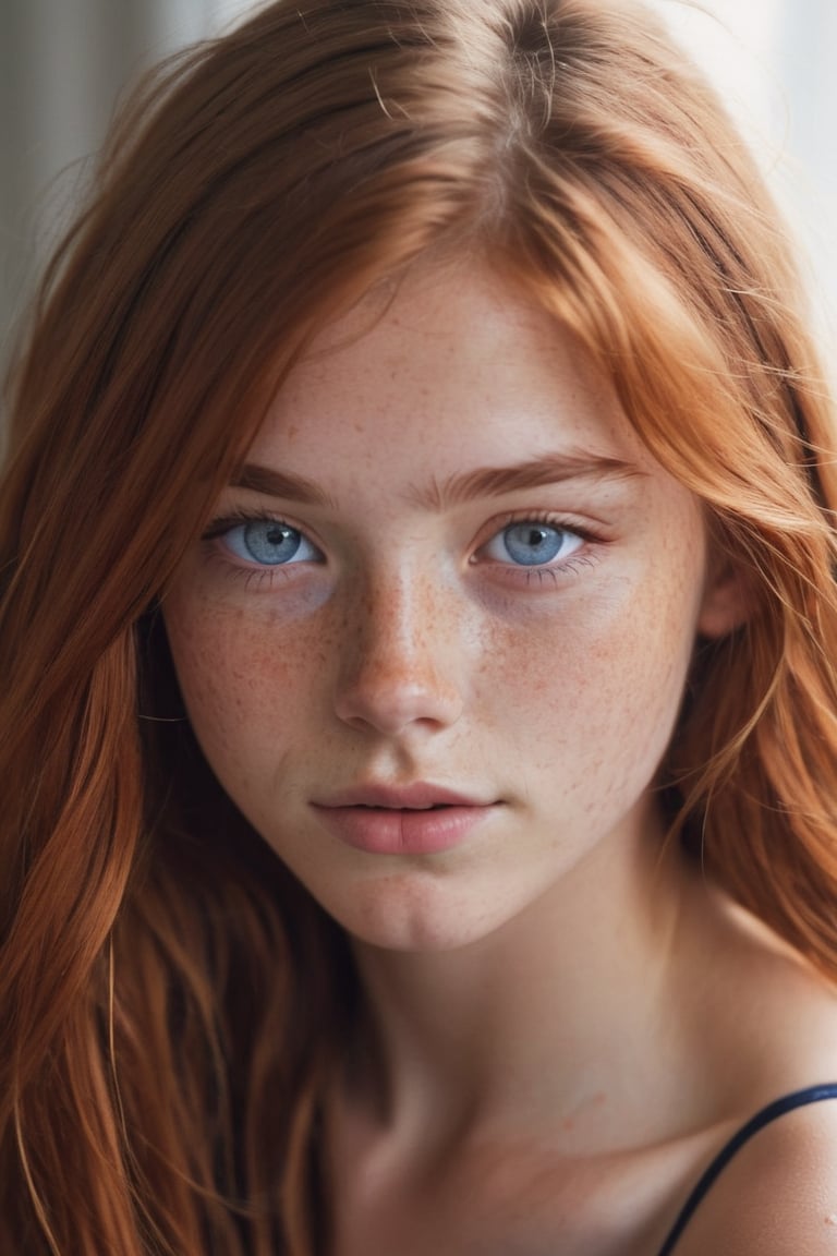 1girl, 16yo, solo, close up shot , (in love:1.5), long hair, messy red hair, dark blue eyes, tan skin, lips, slight smile, sleepy, freckles, dimples, thick eyebrows, bare shoulders, morning light,