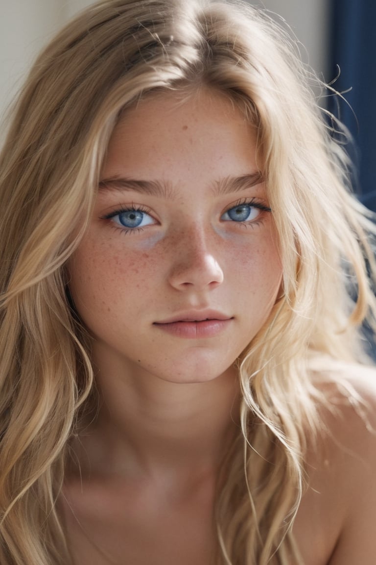 1girl, 16yo, solo, close up shot , (in love:1.5), long hair, messy blonde hair, dark blue eyes, tan skin, lips, slight smile, sleepy, freckles, dimples, thick eyebrows, bare shoulders, morning light,