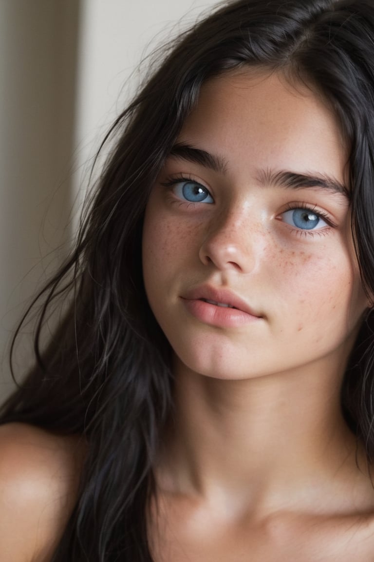 1girl, 16yo, solo, close up shot , (in love:1.5), long hair, messy black hair, dark blue eyes, tan skin, lips, slight smile, sleepy, freckles, dimples, thick eyebrows, bare shoulders, morning light,